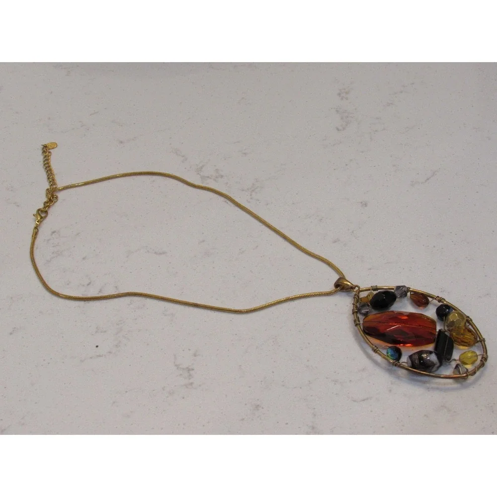 Gold‎ Tone Snake Chain Necklace Amber Multi Bead Wire Wrapped Oval Pendant